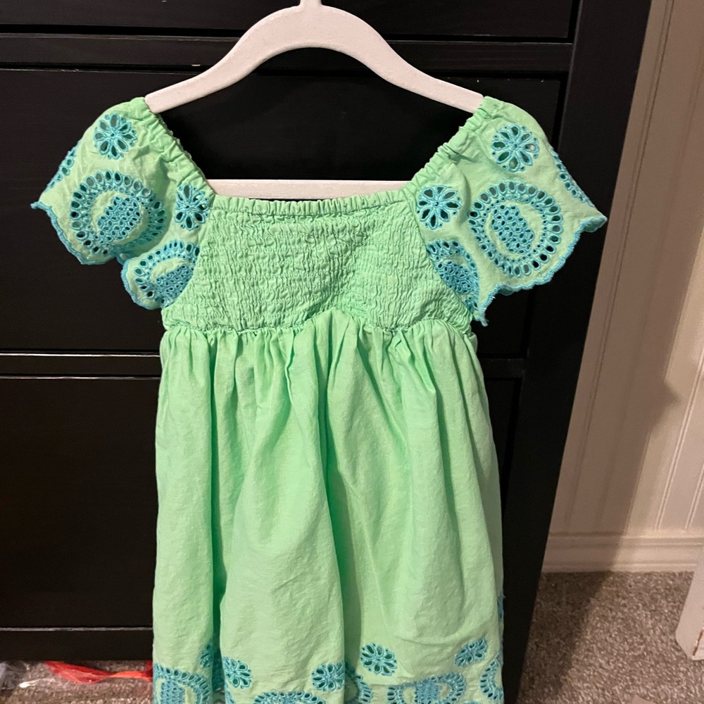 Lime Green Kids Dress with Blue Accents